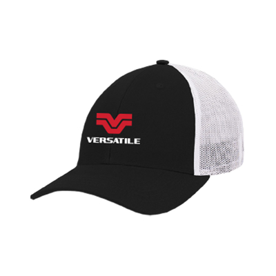 Black structured trucker hat with white mesh with Versatile logo embroidered on front panel in white and red
