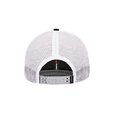 Black structured trucker hat with white mesh with Versatile logo embroidered on front panel in white and red