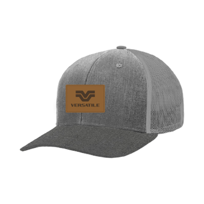 Grey wool trucker and gray mesh hat with leather patch with debossed versatile logo