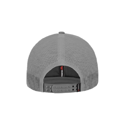 Grey wool trucker and gray mesh hat with leather patch with debossed versatile logo