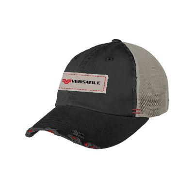 Distressed Black with Tan Mesh Hat Front Image on white background